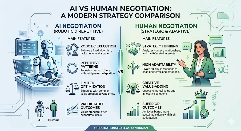 Infographic comparing AI and human negotiation highlighting flexibility, emotional intelligence, adaptability, strategy, and real-world decision making advantages