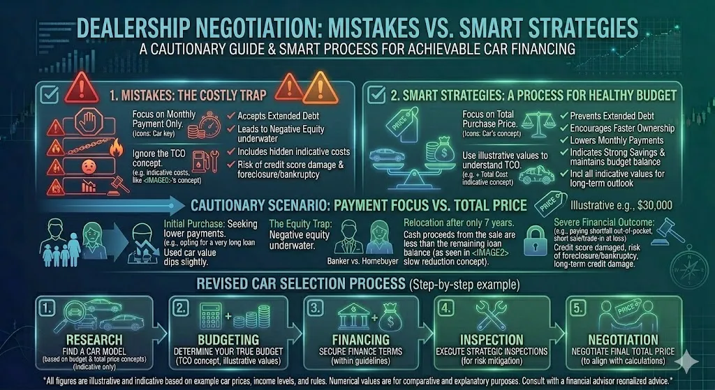Infographic showing common mistakes first-time car buyers make such as focusing on monthly payments instead of total price and negotiating inside dealerships instead of remotely