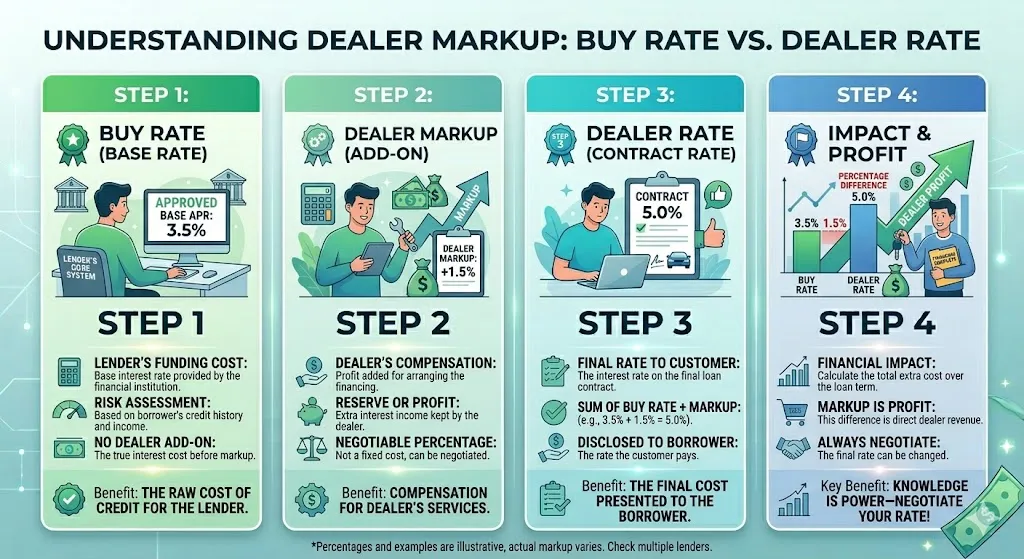 Infographic explaining the difference between buy rate and dealer rate in auto loans with examples of how dealerships mark up interest rates for profit