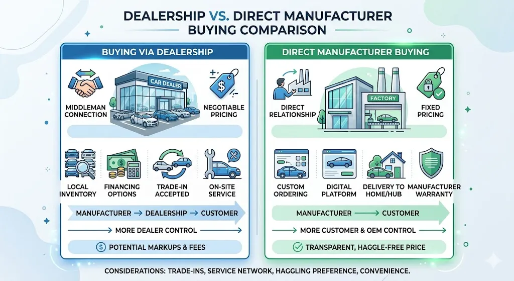 Infographic comparing buying a car directly from a manufacturer versus a dealership highlighting differences in pricing negotiation flexibility and consumer control