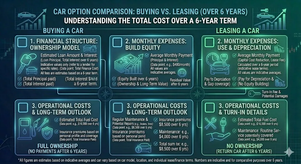 Infographic comparing total six year costs of buying versus leasing a vehicle including monthly payments maintenance resale value and total spending