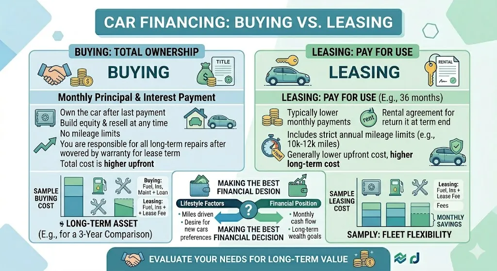 Infographic comparing buying and leasing a car including total cost ownership monthly payments resale value and long term financial impact