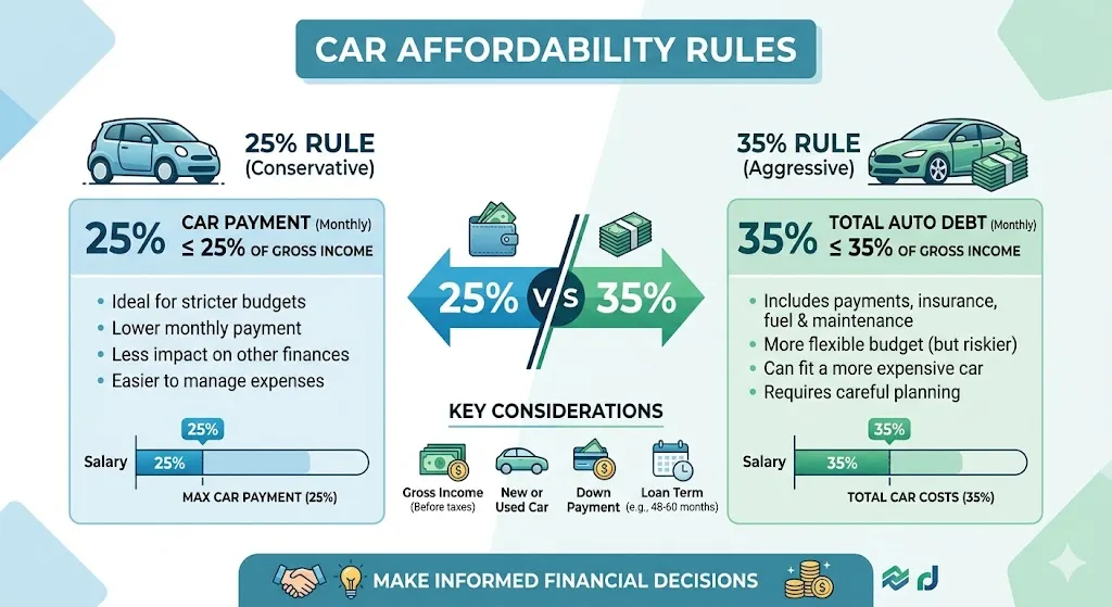 Infographic explaining the 25 percent and 35 percent car affordability rule based on annual salary with examples for different income levels