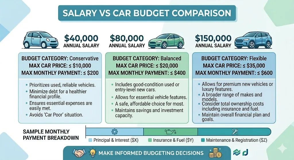 Infographic comparing car affordability for 40000 80000 and 150000 salaries including recommended car price and monthly payment limits