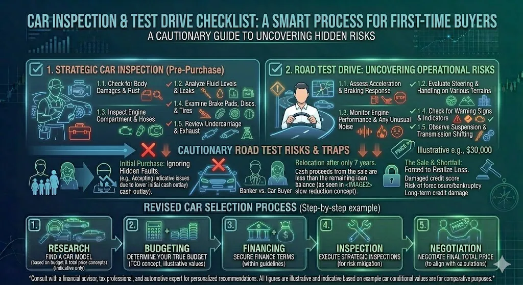 Infographic showing essential steps before buying a car including third party inspection long test drive checking for hidden issues and verifying vehicle condition