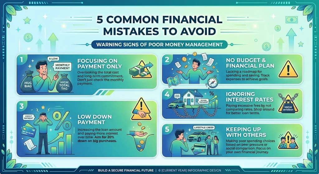 Infographic highlighting mistakes like focusing only on monthly payment, no budget planning, low down payment, ignoring interest rates, and overspending on new cars