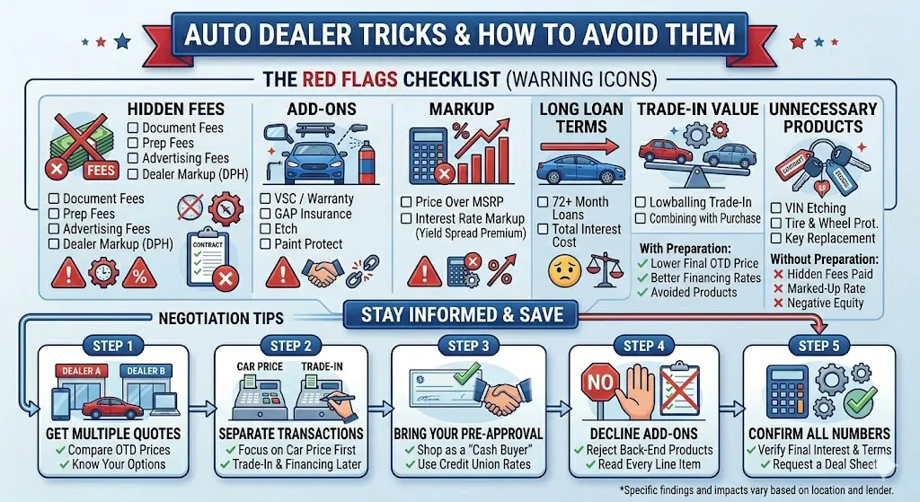 Infographic highlighting common dealership tricks such as hidden fees add-ons and inflated interest rates when financing a car loan