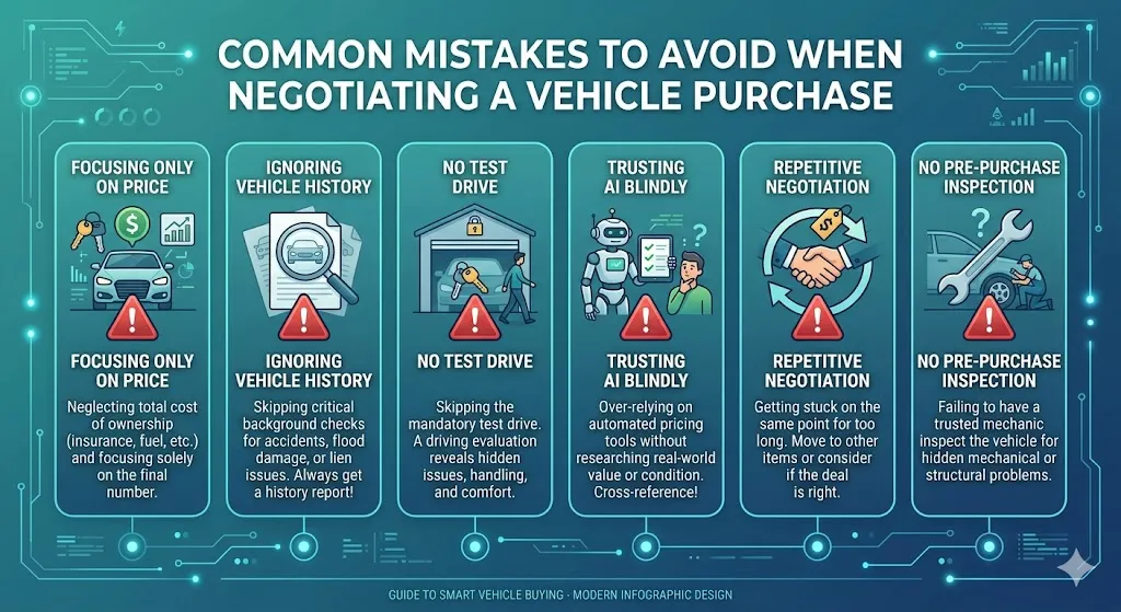 Infographic showing common car buying mistakes such as focusing only on price, ignoring vehicle condition, not asking questions, relying on AI tools, and skipping research