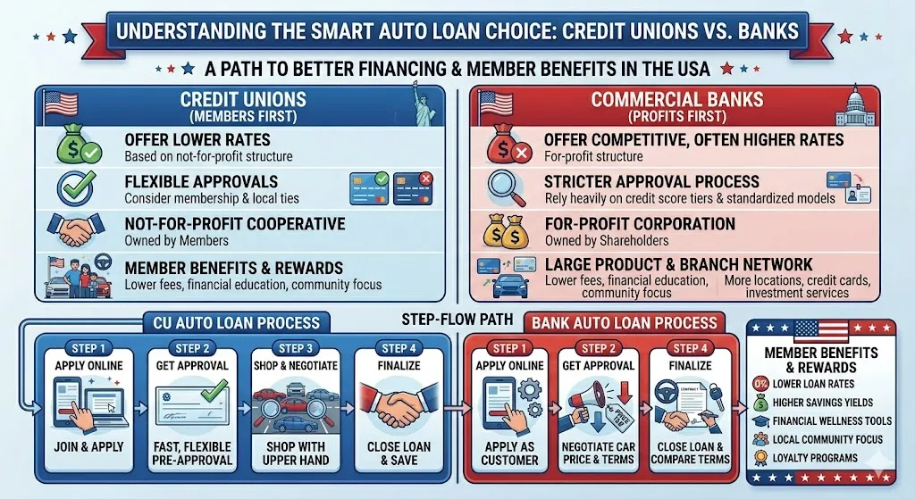 Infographic comparing credit unions and banks for auto loans highlighting differences in interest rates approval flexibility and borrower benefits