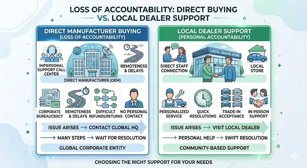 Infographic comparing local dealership accountability with corporate manufacturer control showing differences in customer service dispute resolution and buyer protection
