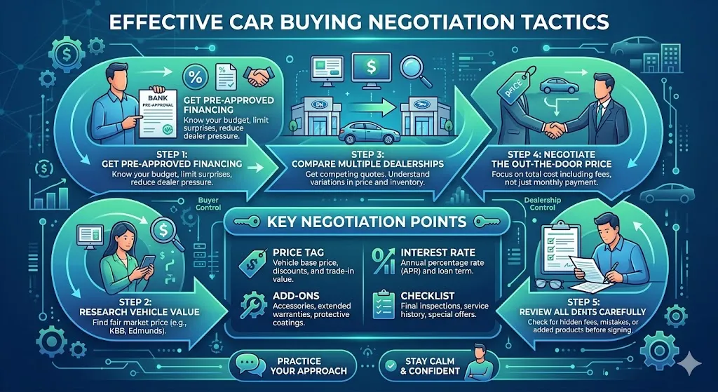 Infographic explaining how to negotiate car price interest rate and add ons including strategies to reduce costs and avoid overpriced dealership products