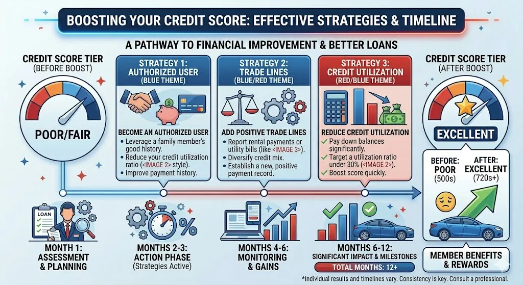 Infographic explaining how to increase credit score quickly using authorized users trade lines and better credit habits before applying for an auto loan