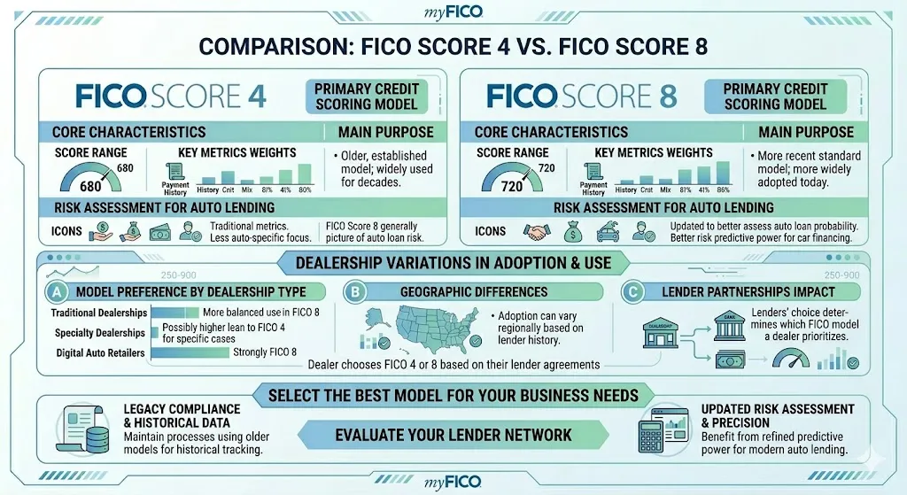 Infographic comparing FICO Score 4 and FICO Score 8 used by auto lenders showing differences in scoring models and dealership preferences