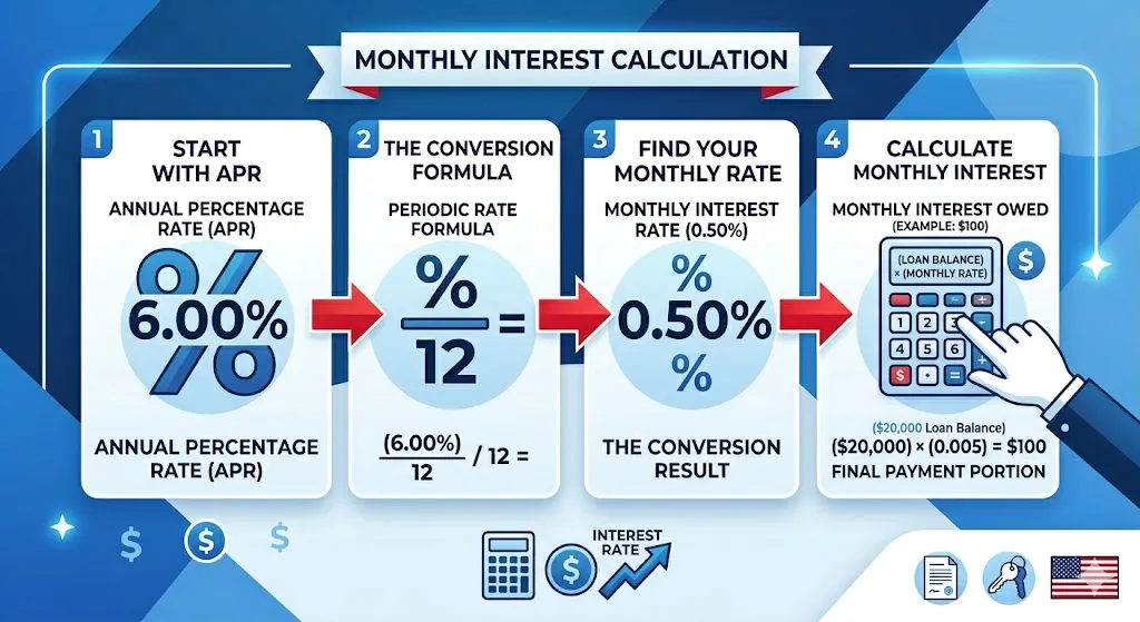 Infographic explaining how annual interest rate is divided by 12 months and applied to remaining loan balance to calculate monthly car loan interest