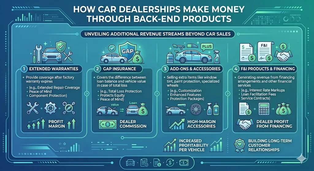 Infographic explaining how car dealerships generate profit through back end products like extended warranties gap insurance and add ons that increase total deal cost