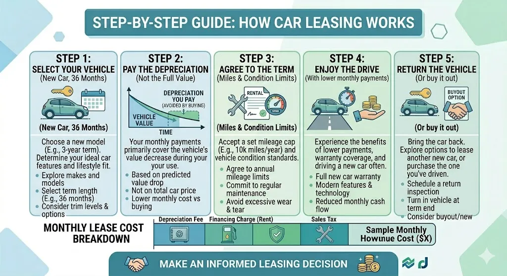 Infographic explaining car leasing process including paying for depreciation monthly payments fees and returning the vehicle at lease end