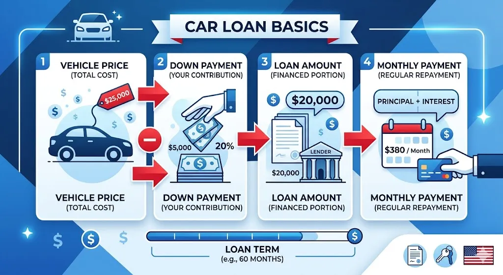 Infographic showing how auto loan payments are calculated using vehicle price, down payment, loan amount, interest rate, and monthly payments in the USA