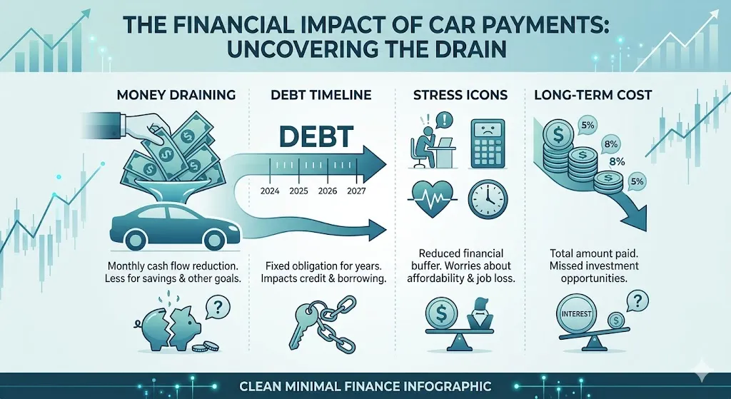 Infographic showing how high car payments affect finances including long-term debt, high interest costs, reduced savings, and financial stress over several years