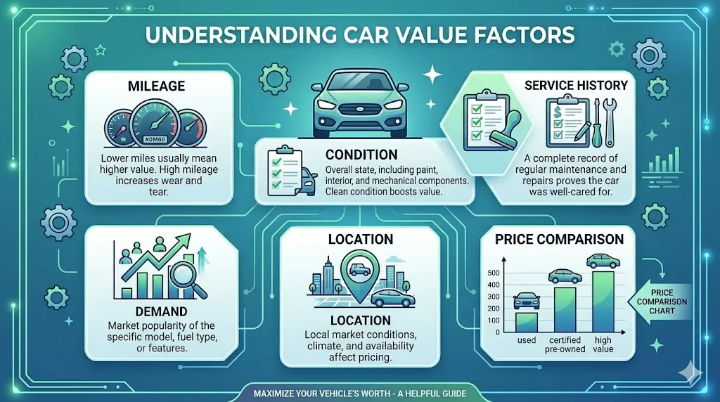 Infographic explaining factors affecting car pricing including mileage, condition, service history, market demand, and location-based comparisons