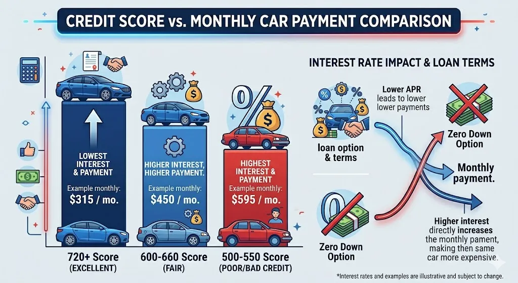 Infographic showing how different credit score ranges impact auto loan interest rates and monthly payments in the USA