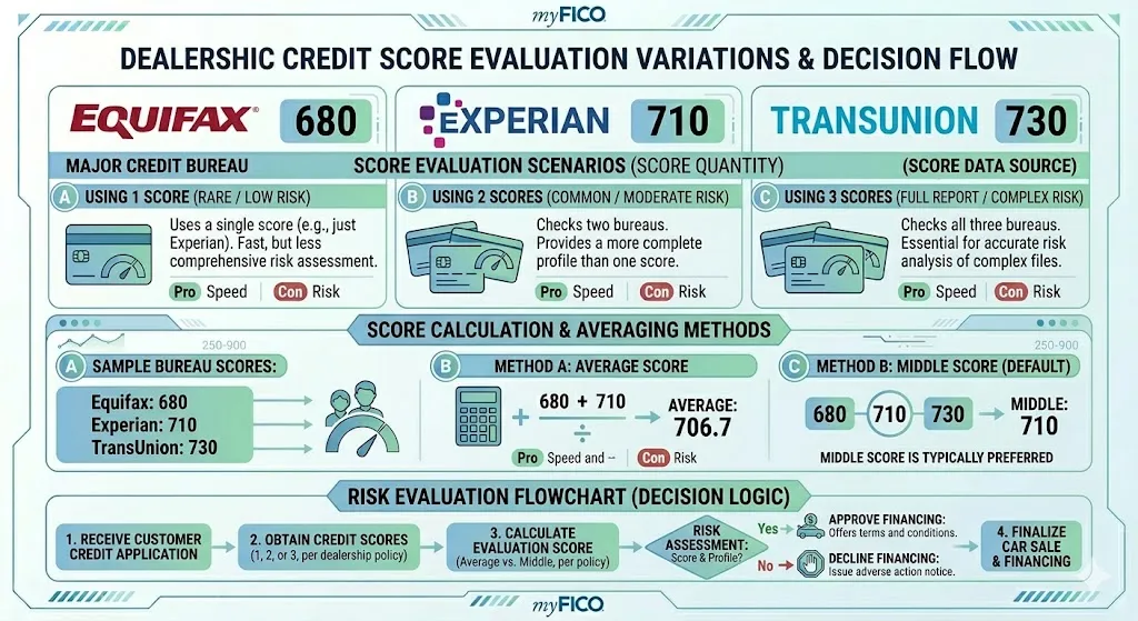 Infographic illustrating how dealerships evaluate credit using one two or three bureau scores including averaging methods and risk assessment strategies