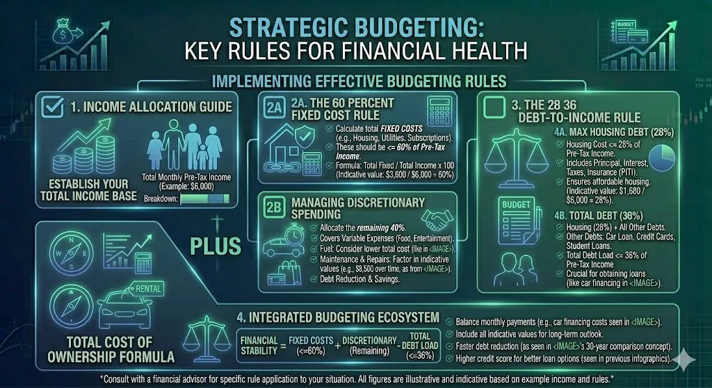 Infographic explaining car affordability using budgeting rules including total cost of ownership doubling rule sixty percent fixed cost rule and twenty eight thirty six debt guideline