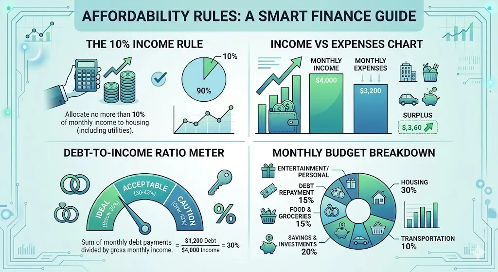Infographic explaining how to calculate affordable car payment using 10 percent income rule, debt to income ratio, and realistic budgeting guidelines