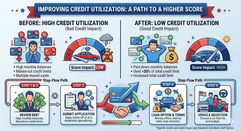 Infographic explaining how lowering credit card utilization and managing balances can quickly improve credit score for better auto loan approval
