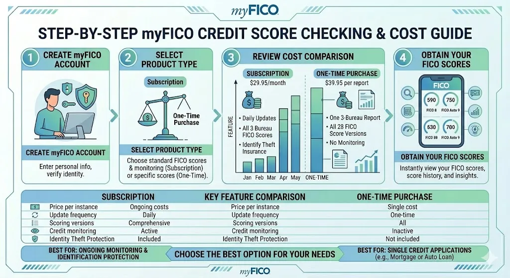 Infographic showing steps to check auto loan credit scores using myFICO including subscription plans cost comparison and accessing all three bureau scores