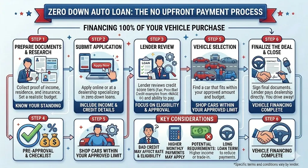 Infographic showing how borrowers can finance a car with zero down payment using credit unions and full loan financing options in the USA
