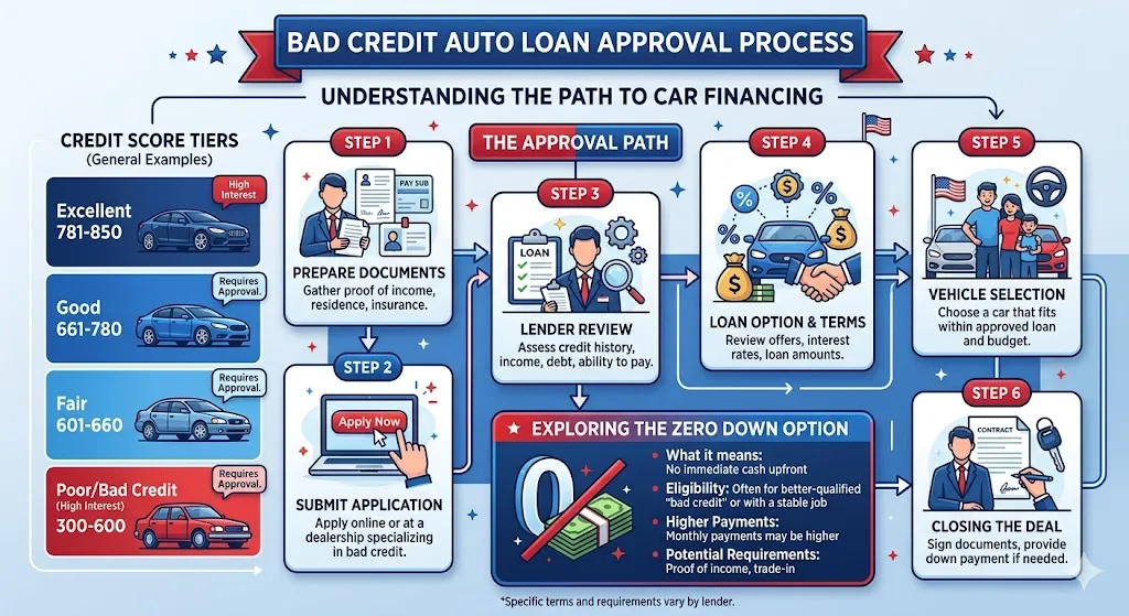 Infographic explaining how borrowers with low credit scores can still get approved for auto loans using strategies like credit improvement, pre-approval, and lender selection