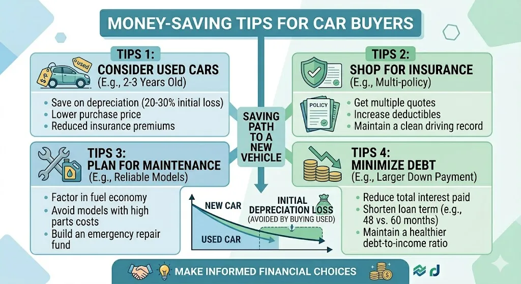 Infographic showing strategies to save money on cars including buying used vehicles comparing insurance rates and avoiding high maintenance cars