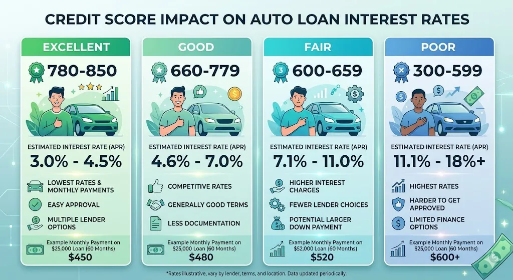 Infographic showing how different credit score ranges affect car loan interest rates in 2026 with examples from excellent to poor credit and resulting rate differences