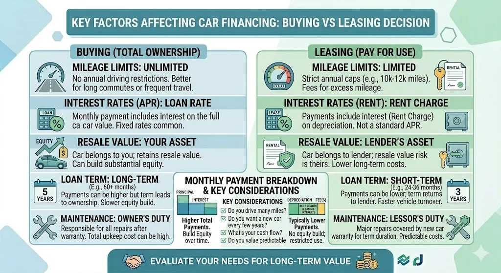 Infographic showing key factors like mileage limits interest rates resale value and ownership duration that affect buying vs leasing decisions