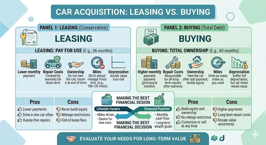 Infographic comparing leasing and buying a car including pros cons costs flexibility ownership and long term financial impact
