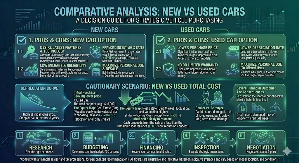 Infographic comparing new and used cars highlighting differences in price depreciation warranty reliability and long-term costs for first-time buyers