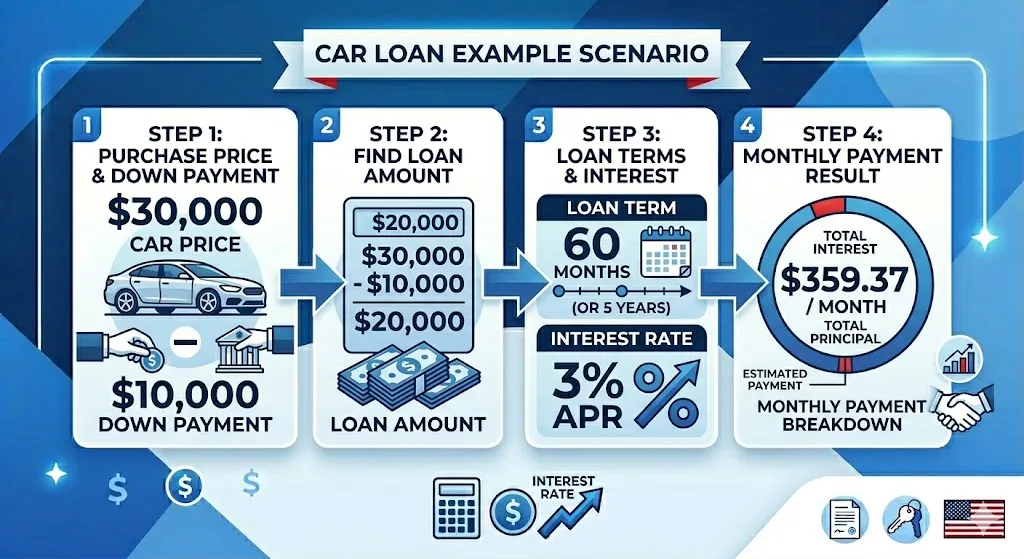 Infographic showing a real example of a car loan including vehicle price, down payment, loan amount, interest rate, term, and resulting monthly payment