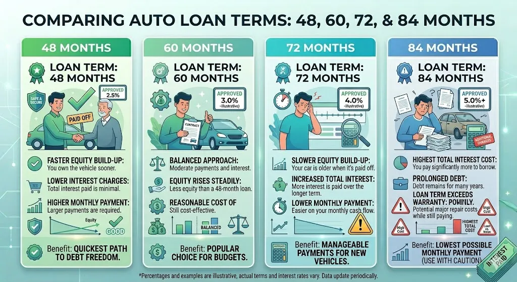 Infographic comparing short and long car loan terms showing how longer terms increase total interest paid and financial risk over time