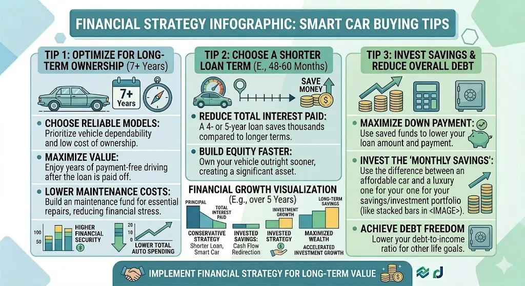 Infographic showing strategies to reduce car ownership costs including buying reliable cars shorter loan terms long ownership and investing savings