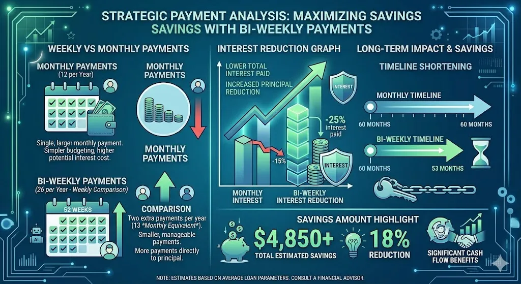 Infographic showing strategies to save money on car loans including weekly payments, extra payments, reducing interest, and faster loan payoff timeline