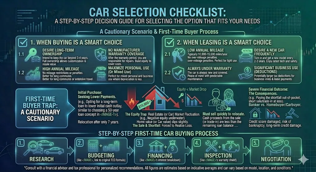Infographic outlining the step-by-step process for first-time car buyers including research budgeting financing negotiation and inspection before purchase