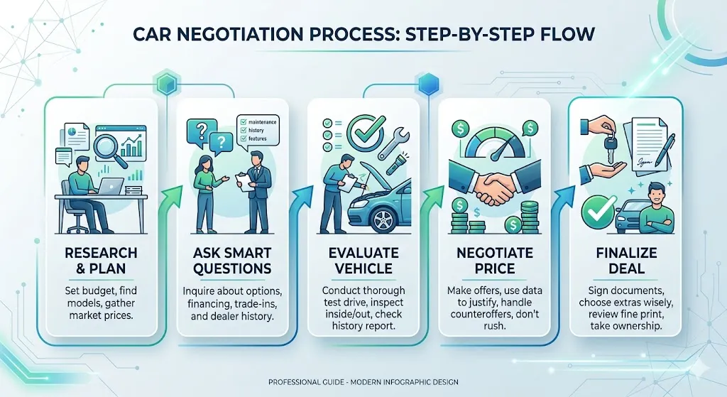 Infographic outlining a successful car negotiation process including research, asking questions, evaluating value, making offers, and closing the deal effectively