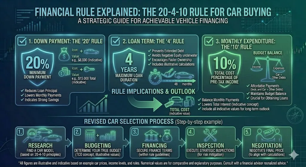 Infographic explaining the 20 percent down payment 4 year loan term and 10 percent income rule to help first-time buyers budget for a car responsibly