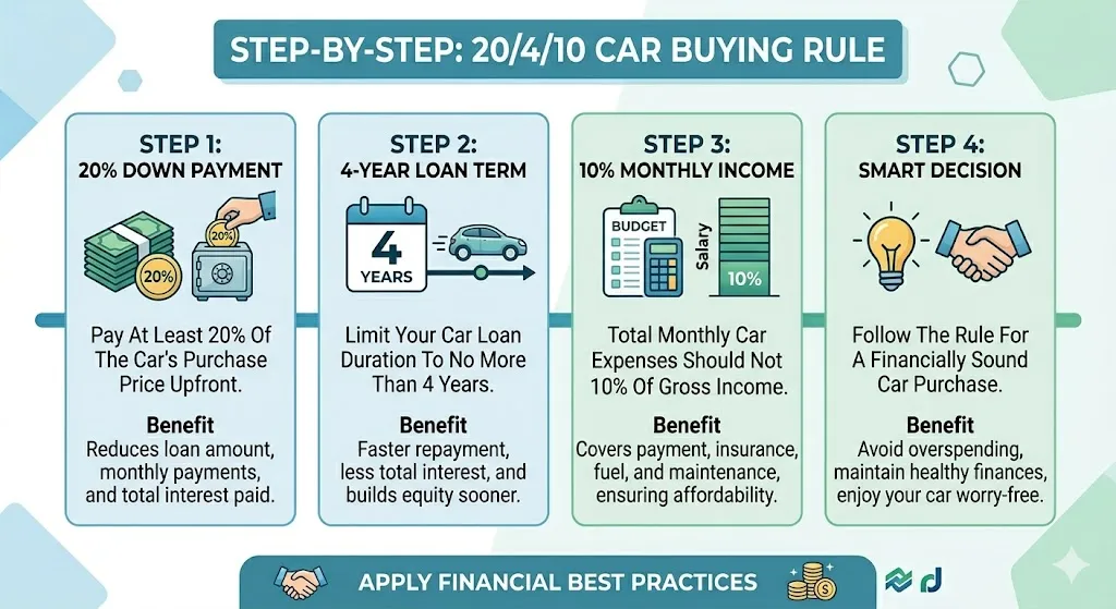 Infographic showing the 20 percent down payment, 4 year loan term, and 10 percent income rule for car expenses including insurance and maintenance