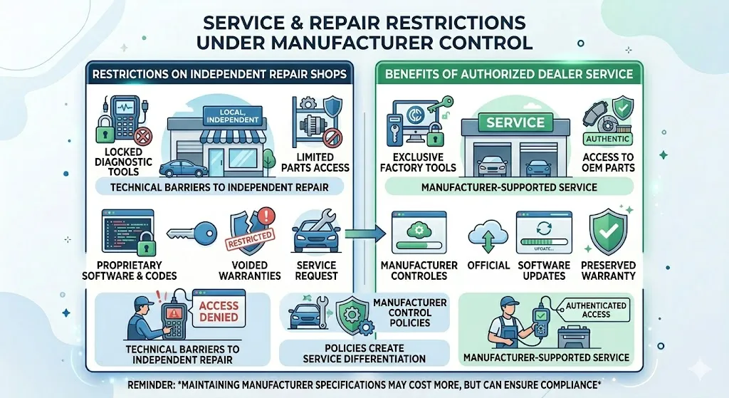 Infographic illustrating how manufacturers restrict repair access forcing customers to rely on dealership service for basic fixes increasing long term ownership costs