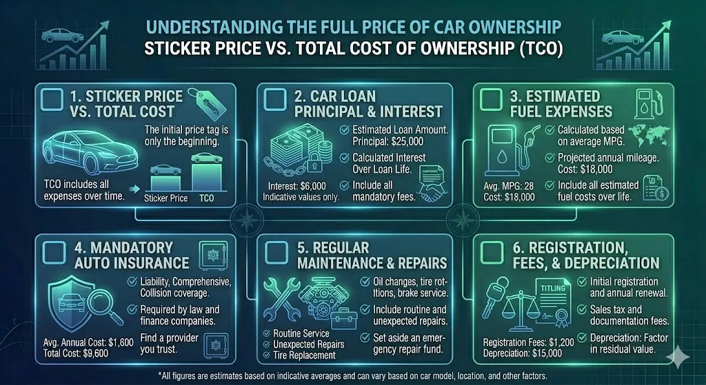 Infographic showing how a car priced at sixty three thousand dollars can exceed one hundred thousand dollars after including loan payments fuel insurance maintenance and depreciation