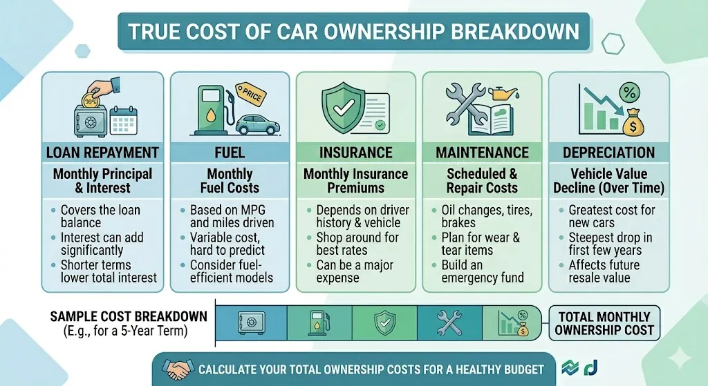 Infographic showing full cost of car ownership including loan payments insurance fuel maintenance and depreciation in 2026