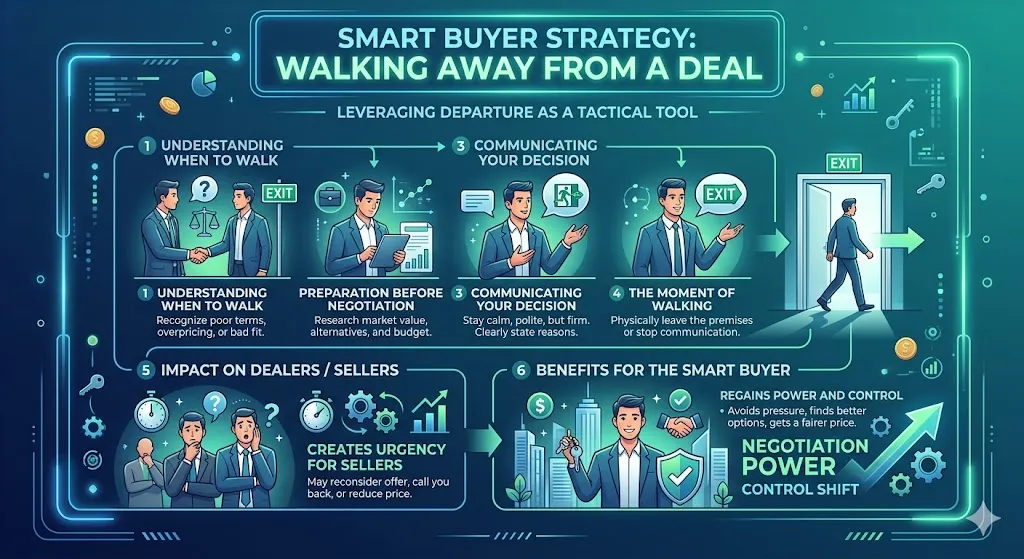 Infographic showing how walking away from a car deal can shift power back to the buyer leading to better interest rates and pricing negotiations