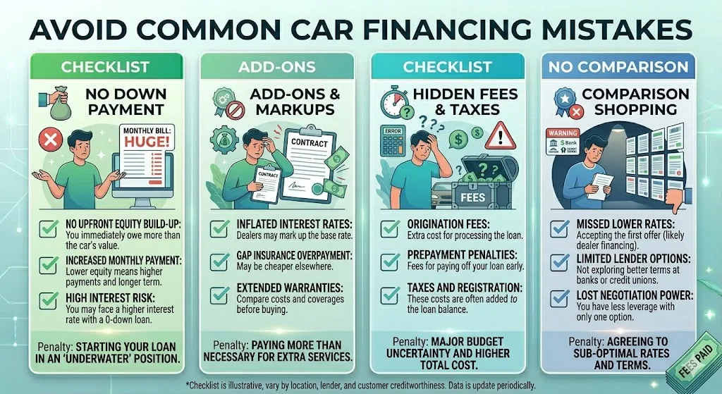 Infographic listing major car financing mistakes in 2026 including zero down payment add-ons hidden fees financing taxes and not comparing lenders