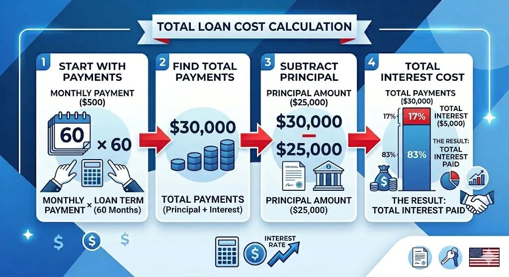 Infographic showing how total interest on a car loan is calculated by multiplying monthly payments over loan term and subtracting the original loan amount